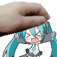 an animated GIF of Hatsune Miku getting petted by a real hand.